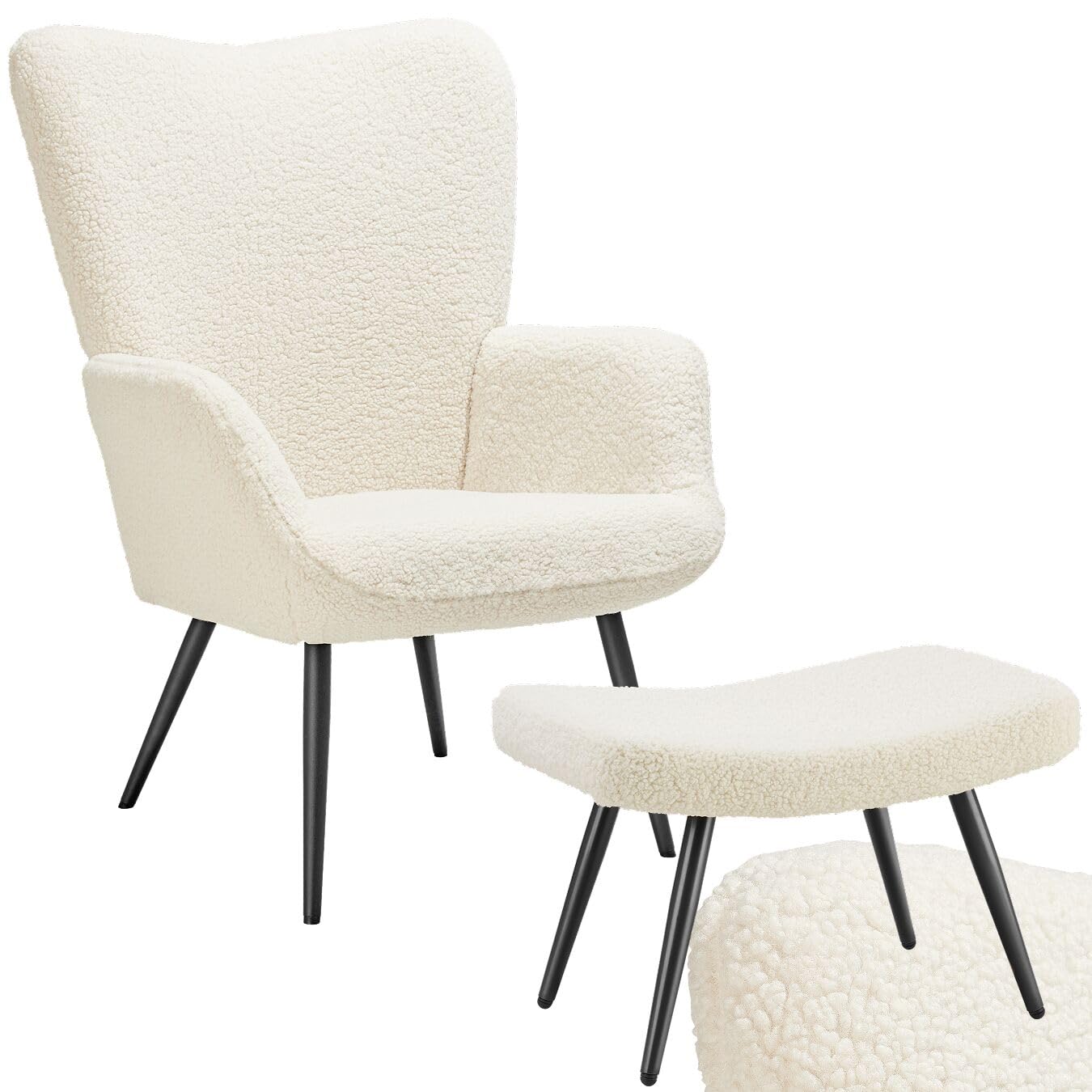 tectake® Poltrona Imbottita, Poltrona Ergonomica con Schienale e Braccioli, Poltrona Camera da Letto, Poltrona Salotto Moderna, Carico Massimo 150 kg - con Pouf, Bouclé, Crema/Nero