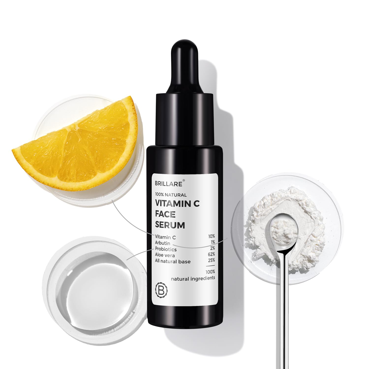 Brillare 10% Vitamin C Face Serum for Glowing Skin with Probiotics & Aloe Vera | Brightens Skin, Reduces Dullness & Dark Spots | Visible Glow in 7 Days | 48 Hour Hydration