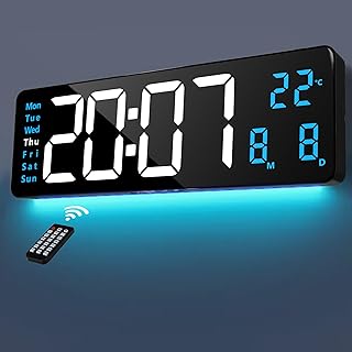 Lafocuse Reloj Digital de Pared 16" LED Azul Grande, con Luz Nocturna de 9 Colores RGB, Mando, Doble Alarma, Brillo Automá...