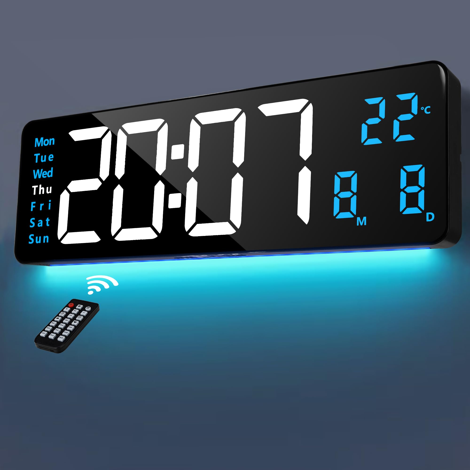 Lafocuse Reloj Digital de Pared 16" LED Azul Grande, con Luz Nocturna de 9 Colores RGB, Mando, Doble Alarma, Brillo Automático, Temperatura, Fecha, 12/24 Horas, Cuenta Atrás, para Salon Cocina Oficina