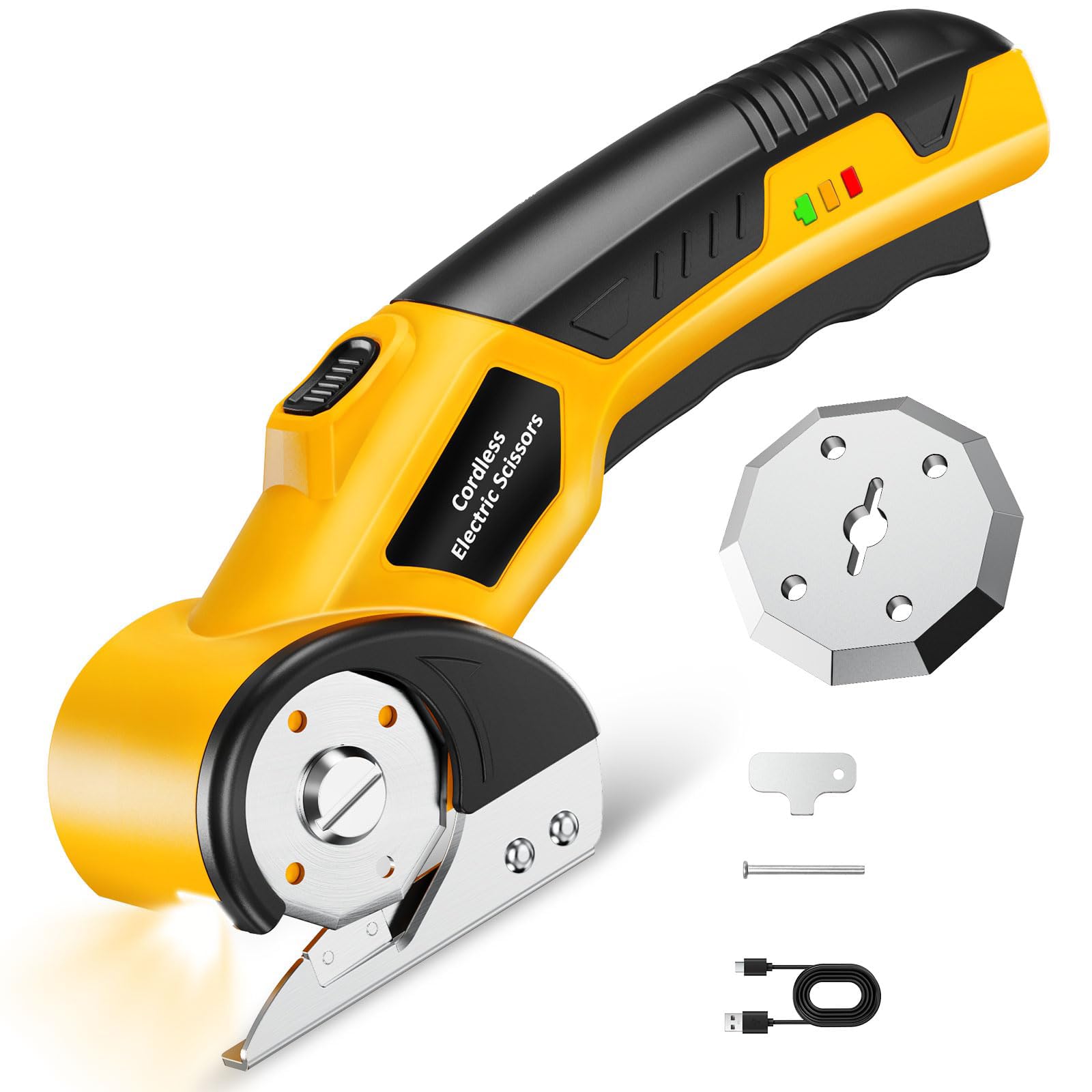 Cordless Electric Scissors: 4V Rechargeable Rotary Cardboard Cutter, 3000mAh Battery, with LED Light &amp; Safety Lock, 2 Blades, Electric Box Cutter for Fabric Carpet Carton Plastic Leather Cloth