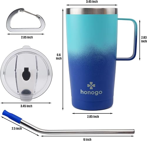 Miniatura 3 de honogo Vaso térmico de acero inoxidable de 20 onzas con aislamiento al vacío con tapa y popote, taza de café térmica de viaje con asa, mantiene el