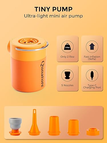 Miniatura 2 de Qunature - Mini bomba eléctrica portátil para inflables con batería de 1500 mAh, luz de campamento, recargable, USB, desinflado para colchón de cama