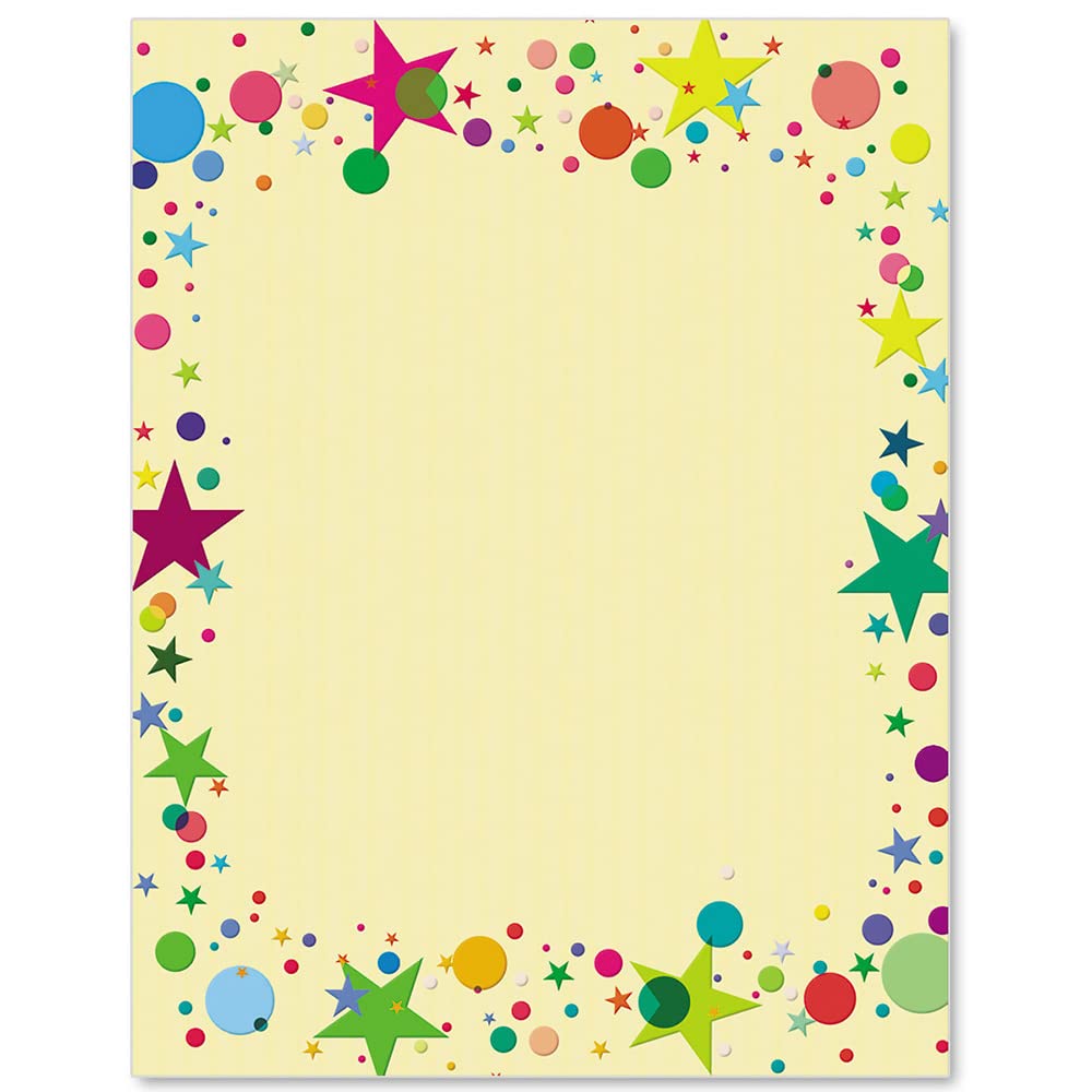 PaperDirect Hurrah Confetti Border Paper, Yellow Background with Colorful Stars and Circles Design, 8.5 x 11, Acid-Free, Stationery for Invitations,
