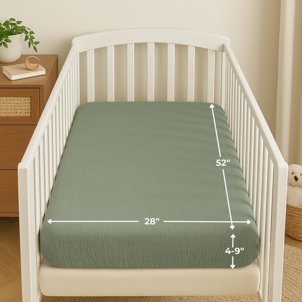 Nora's Nursery Muslin Crib Sheets - 100% Organic Cotton Crib Sheets - Fits Standard Crib and Toddler Bed Mattress Size - Breathable & Fitted Crib Sheet for Baby Girl & Boy - Sage Green