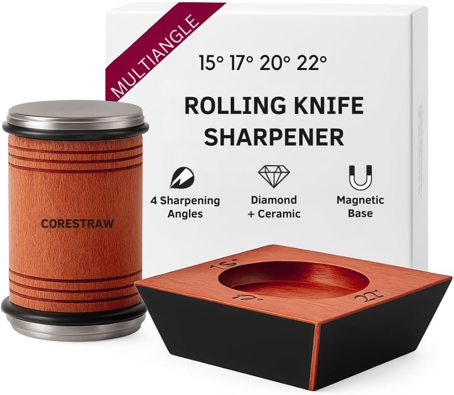 Rolling Knife Sharpener Kit – Multi-Angle Kitchen Knife Sharpening Tool for Razor Sharp Edges – Diamond Roller Sharpener with Magnetic Base – 15, 17, 20, & 22 Degrees