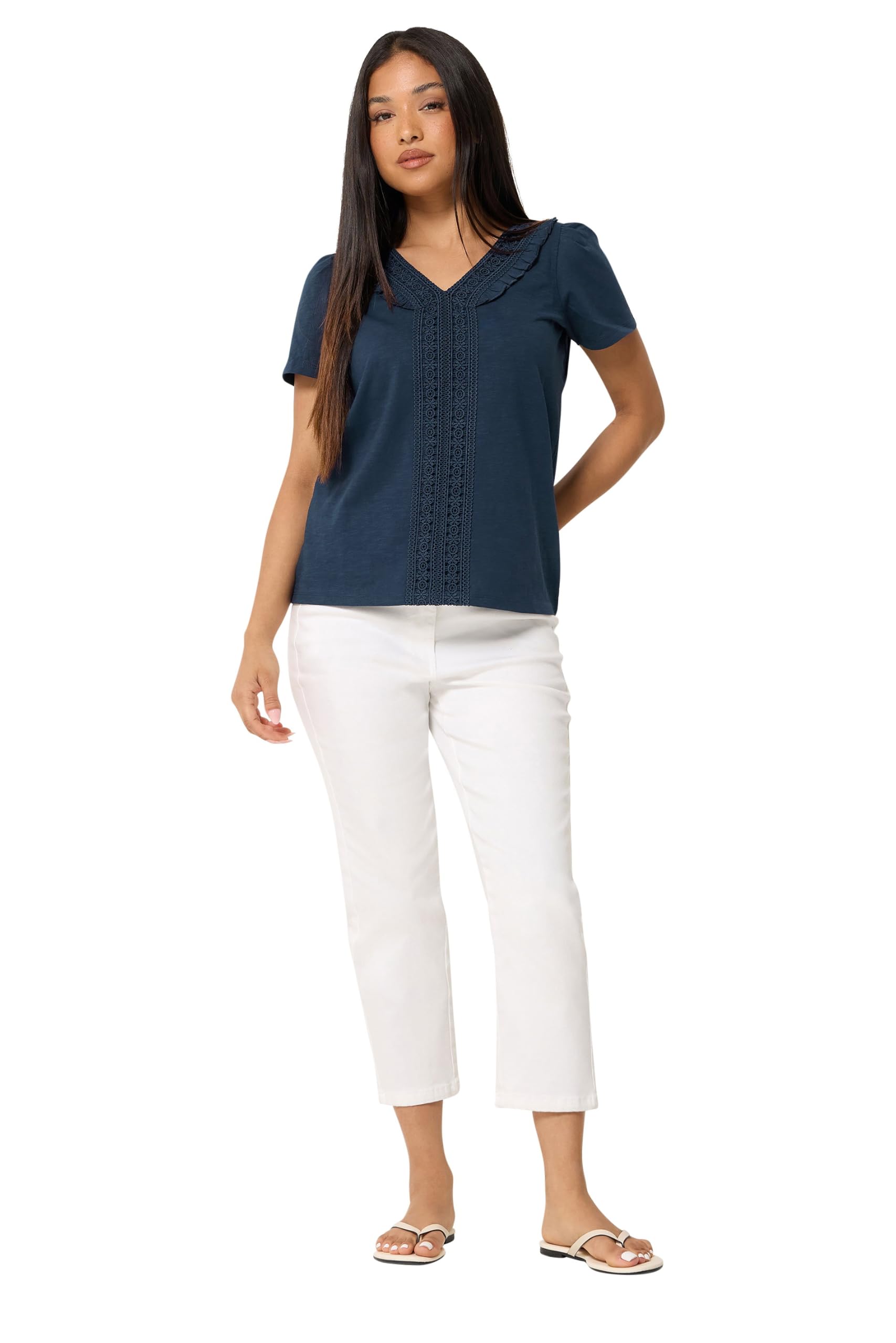 M&Co Petite Blue Short Sleeve Frill Cotton Blouse - Women's