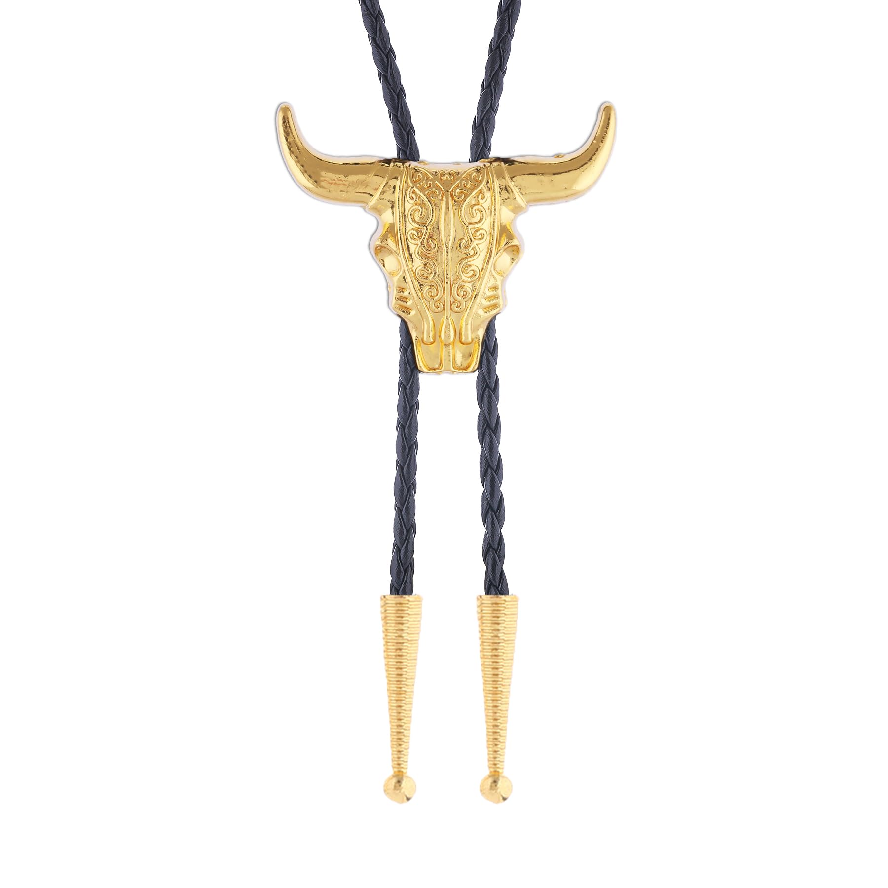 GelConnie Longhorn Bull Bolo Tie for Men Native American Western Cowboy Leather Necktie Bolo Necklace for Women Gold Texas