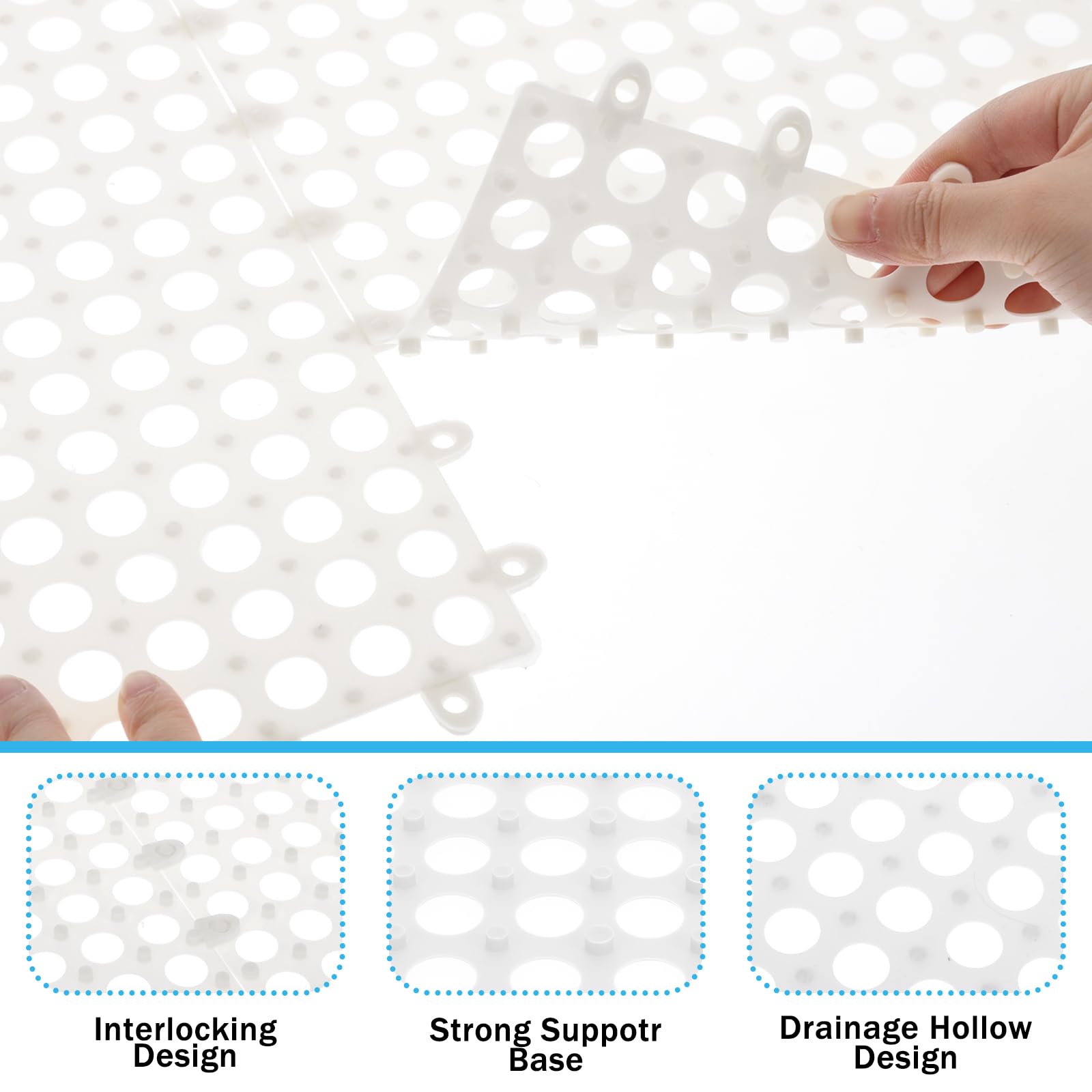 30 Pack 11.8” x 11.8” Interlocking Floor Tiles Bulk White Drainage Pool Flooring Mats Swimming Pool Non Slip Splicing Waterproof Splash Matting Mesh Doormat Modular Interlocking Water Drain 3x10 ft — Amazon image 5