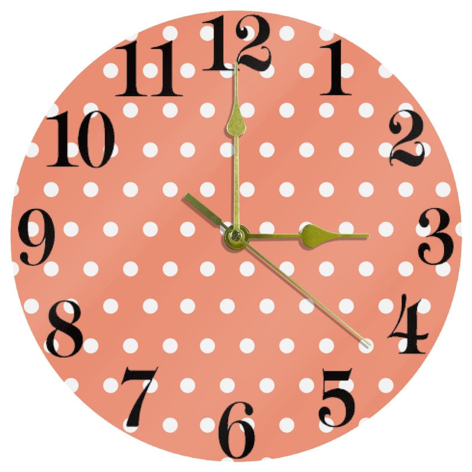 Horloge murale rouge corail à pois blancs pour cuisine et bureau calme