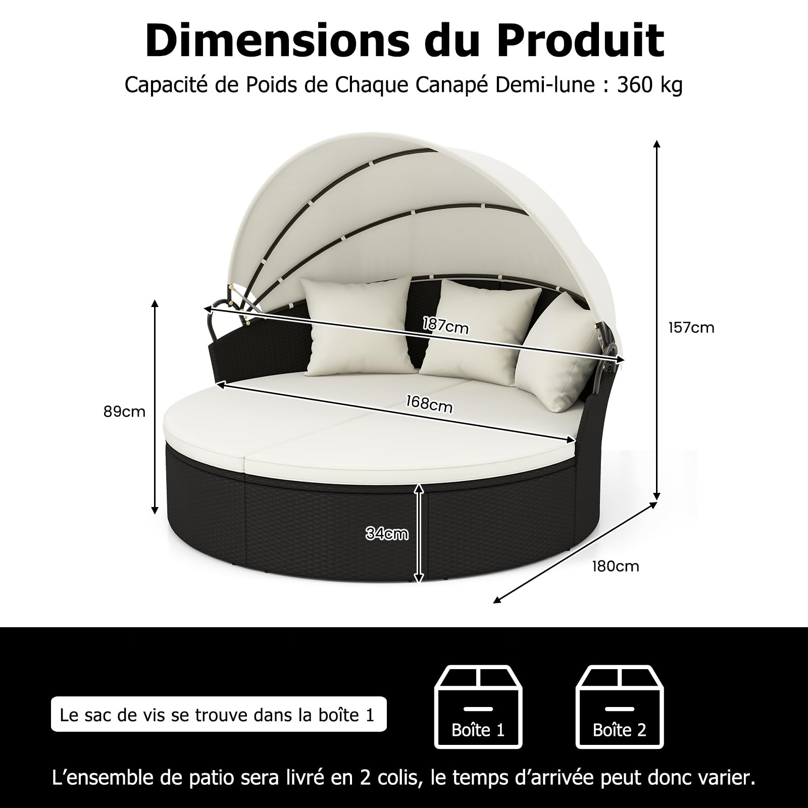 GIANTEX Lit de Jardin Extérieur Rond Ø187 cm en Rotin PE avec Auvent Rétractable, Canapé Lit Extérieur pour 2-3 Personnes, Ensemble Salon de Jardin avec Coussins(Beige)