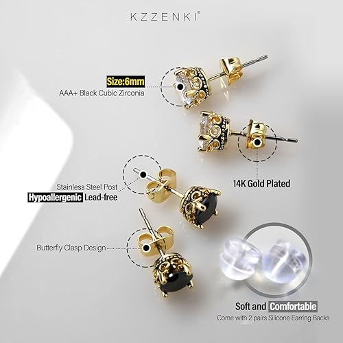 Miniatura 2 de Aretes negros y dorados para hombres y mujeres, con corona retro, hipoalergénicos, de acero inoxidable, con circonita cúbica