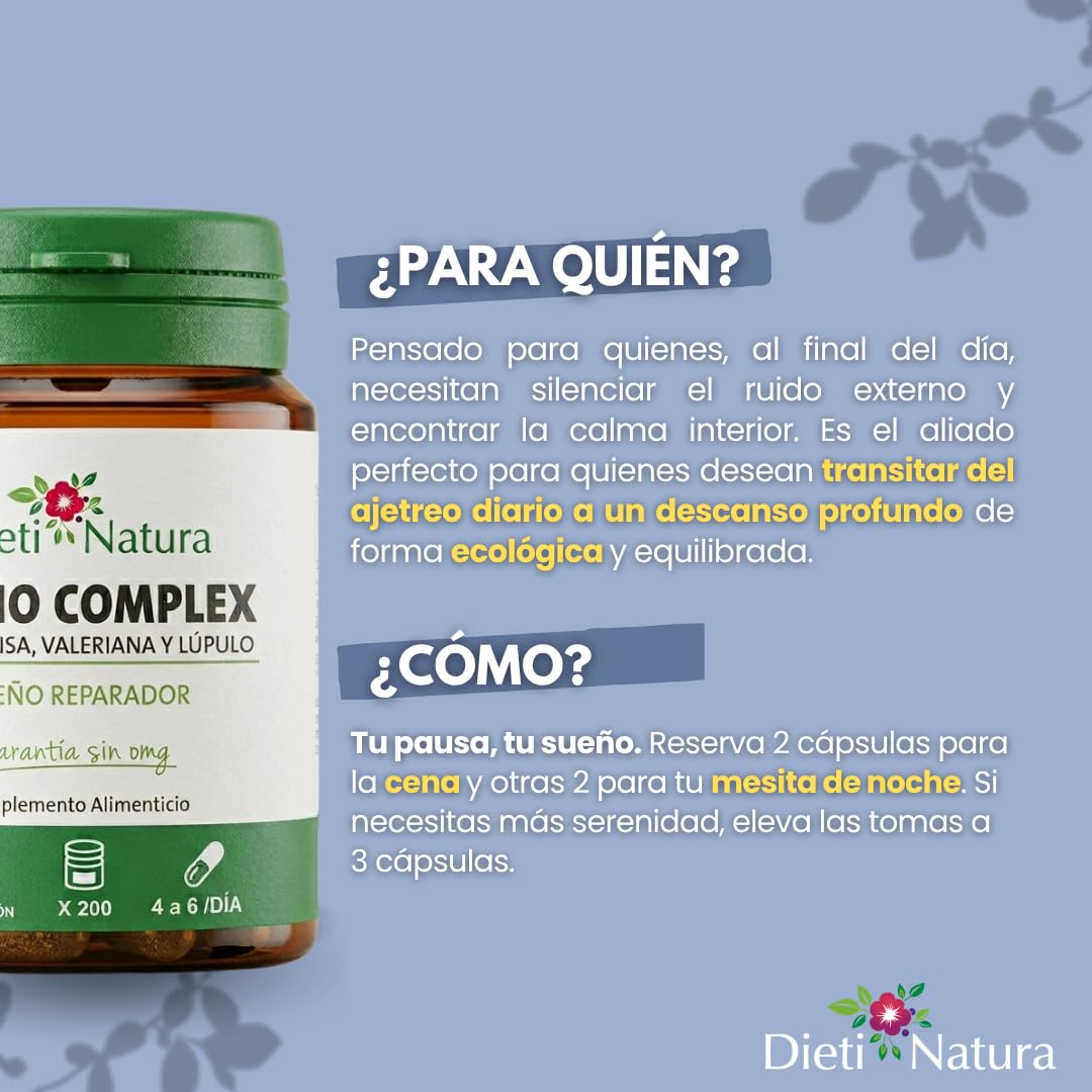 Dieti Natura Sueño Complex 200 Cápsulas de Origen Vegetal (Pack de 3) - Con Valeriana, Escholtzia, Lúpulo y Melisa - Favorece el Sueño y Calma el Sistema Nervioso - Garantía Sin OGM