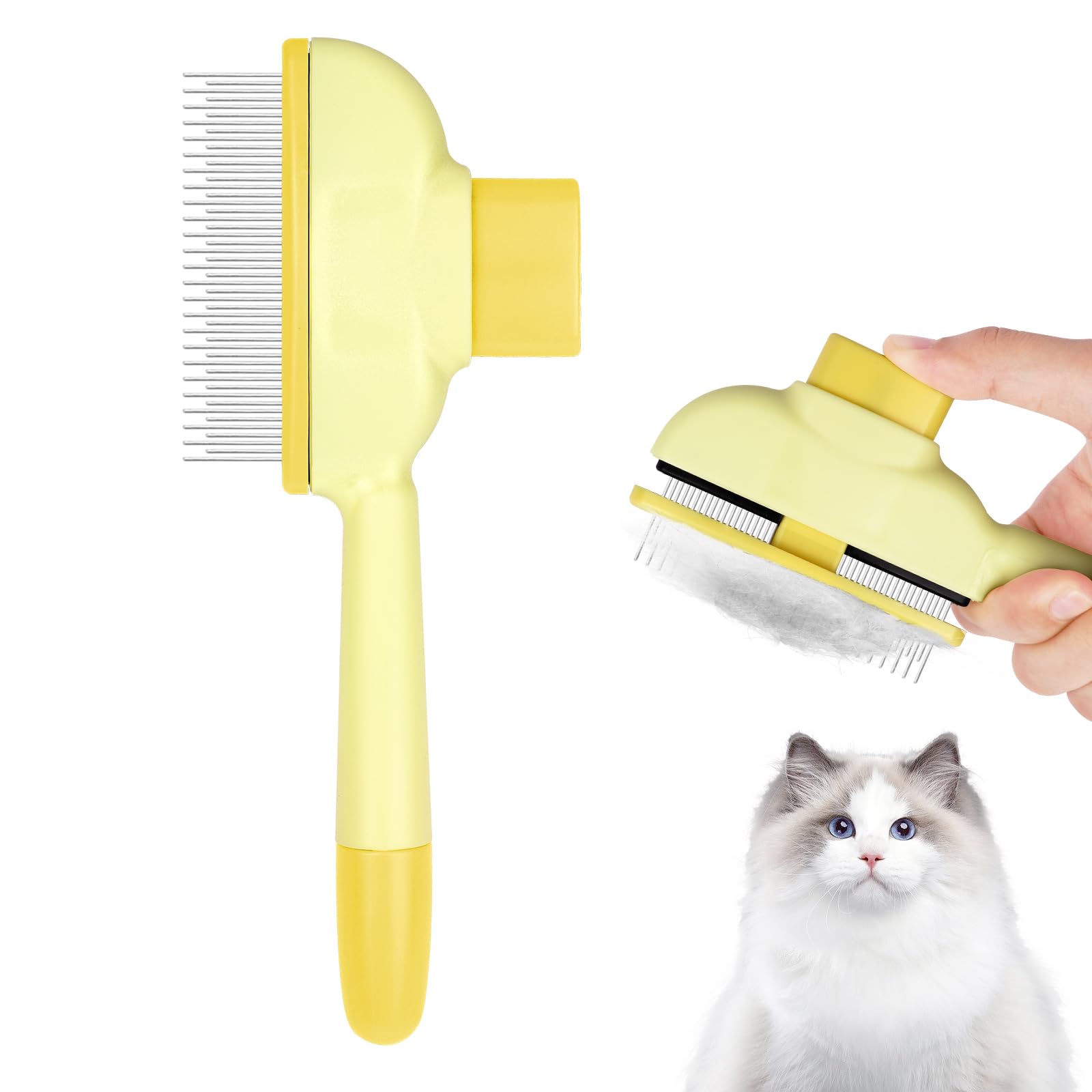 OFFCUP Fellblitz Bürste für Katze, Selbstreinigende Katzenkamm Tiefenreinigung mit Auslöseknopf Katzenbürste, Flohkamm Katze Hundekamm Haustierbürste zur Haustier Schönheitspflege (Gelb)