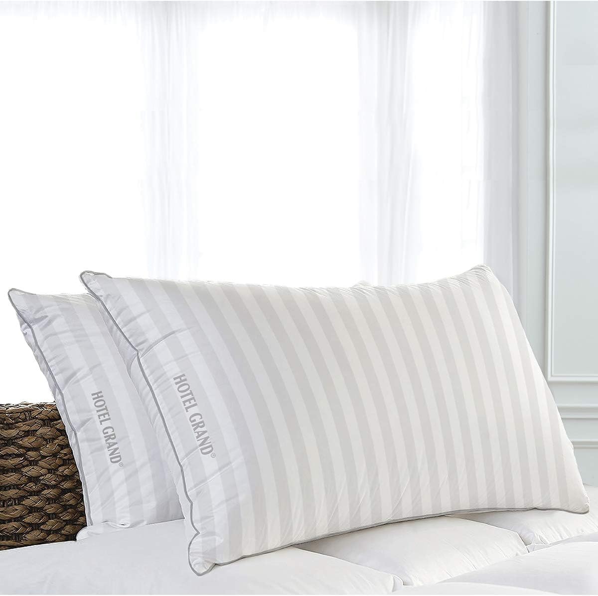 Hotel Grand Bed Pillows - 100% Cotton Soft Feather Down, Queen Size, Set of 2 - Ideal for Side and Back Sleepers, 28" L x 18" W - Hotel Collection