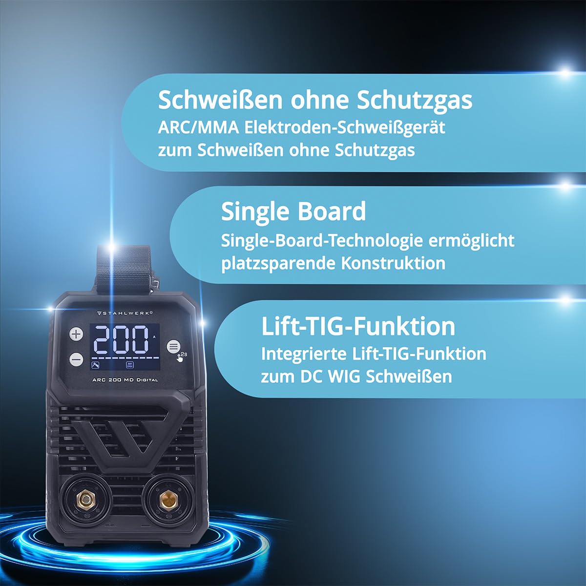 STAHLWERK Elektroden-Schweißgerät ARC 200 MD Digital – MMA (E-Hand) & Lift-TIG (DC) bis 200 A, flexibel einsetzbar ohne Gas, ARC-Force, Hotstart, Anti-Stick, Smartkühlung & Überhitzungsschutz