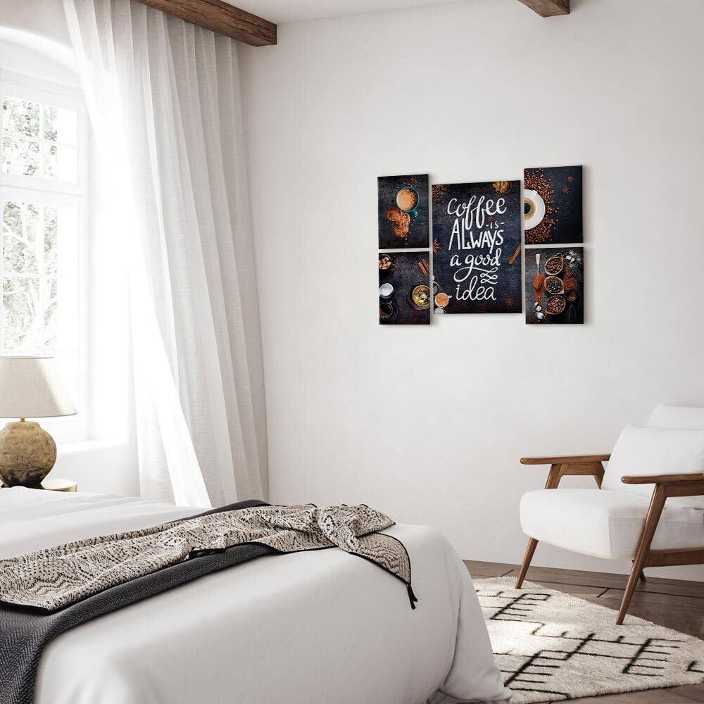 decomonkey Quadri Moderni Cucina Caffè Coffee Always, 5 pezzi, 110x80 cm | Tela strutturata su telaio in legno, decorazione da parete, good, idea, tazza, marrone, nero, Quadro Stampa su Tela