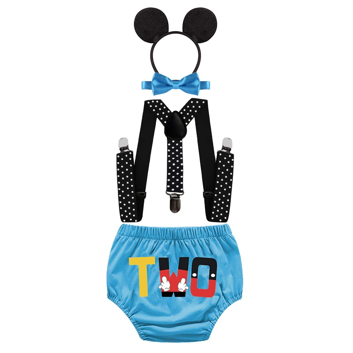 Light Blue Baby Boy Cake Smash Outfit Bloomer Diaper Cover, Suspenders and Bow Tie Set
