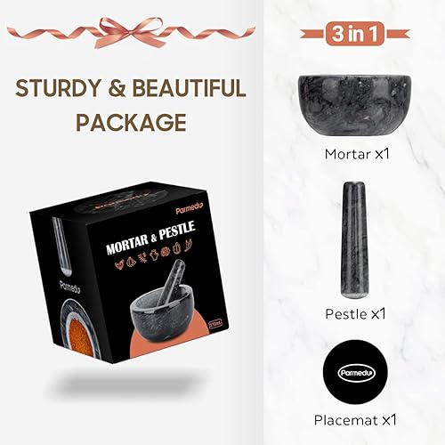 Miniatura 3 de Parmedu Juego de mortero y mortero de mármol molinillo de cocina de mármol natural en tamaño grande de 5.5 pulgadas de diámetro - Molinillo manual