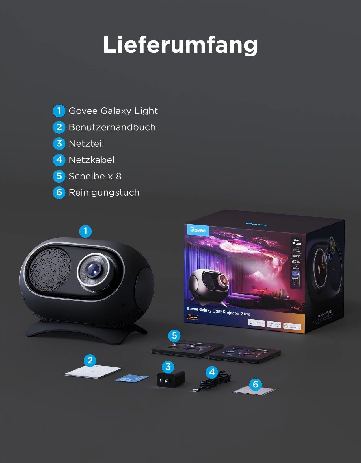 Govee LED Sternenhimmel Projektor Planetarium Galaxy Projektor 8 Film Discs | 20+ Szenemodi, 21+ White Noises, Matter Alexa Kompatibel, 360°-Rotation Nachtlicht Lampe mit Timer für Schlafzimmer