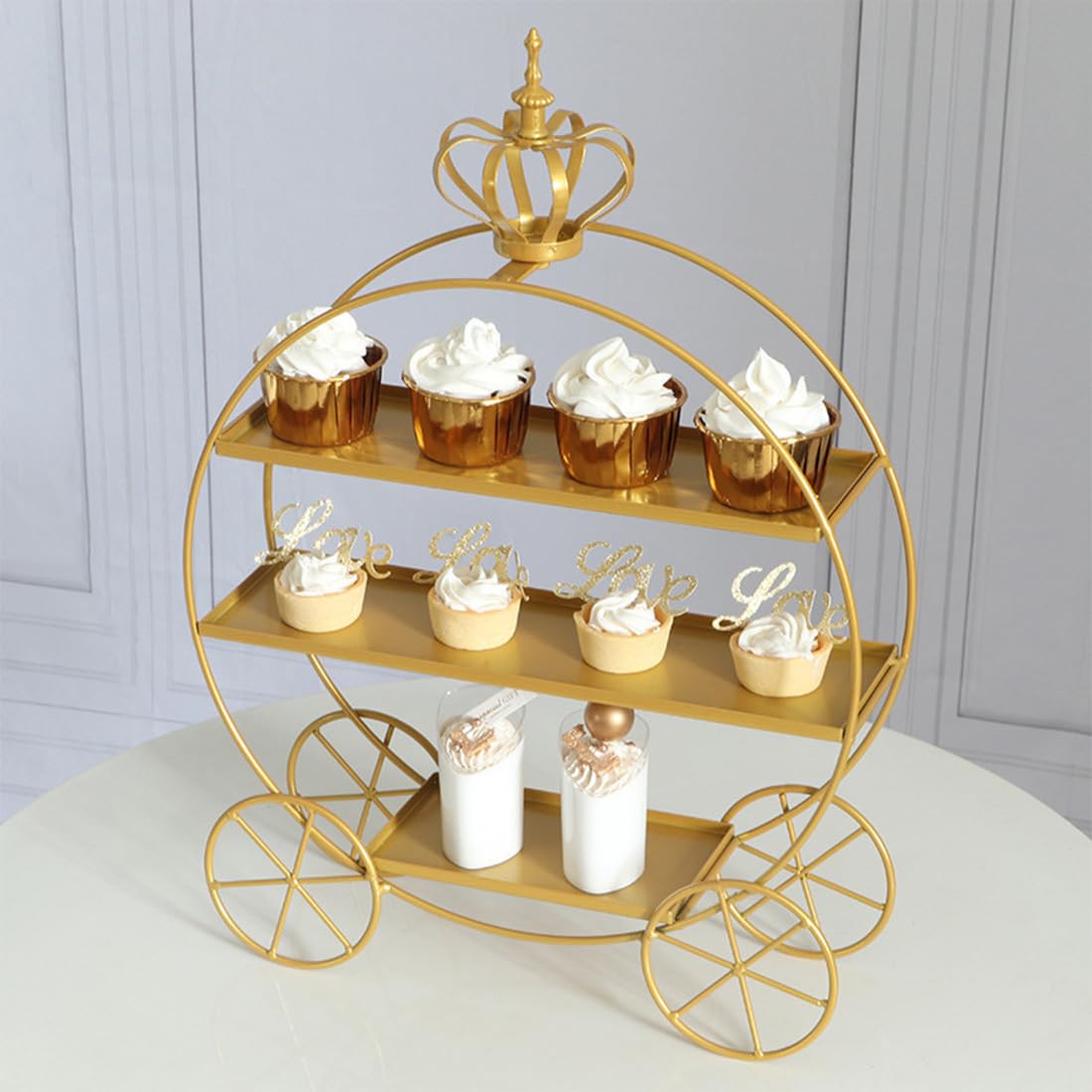 Soporte para pasteles con forma de carruaje corona de 3 niveles, bandeja para servir dulces y galletas de varios niveles, expositor de torre de postres con tazas gruesas para pasteles (Gold)