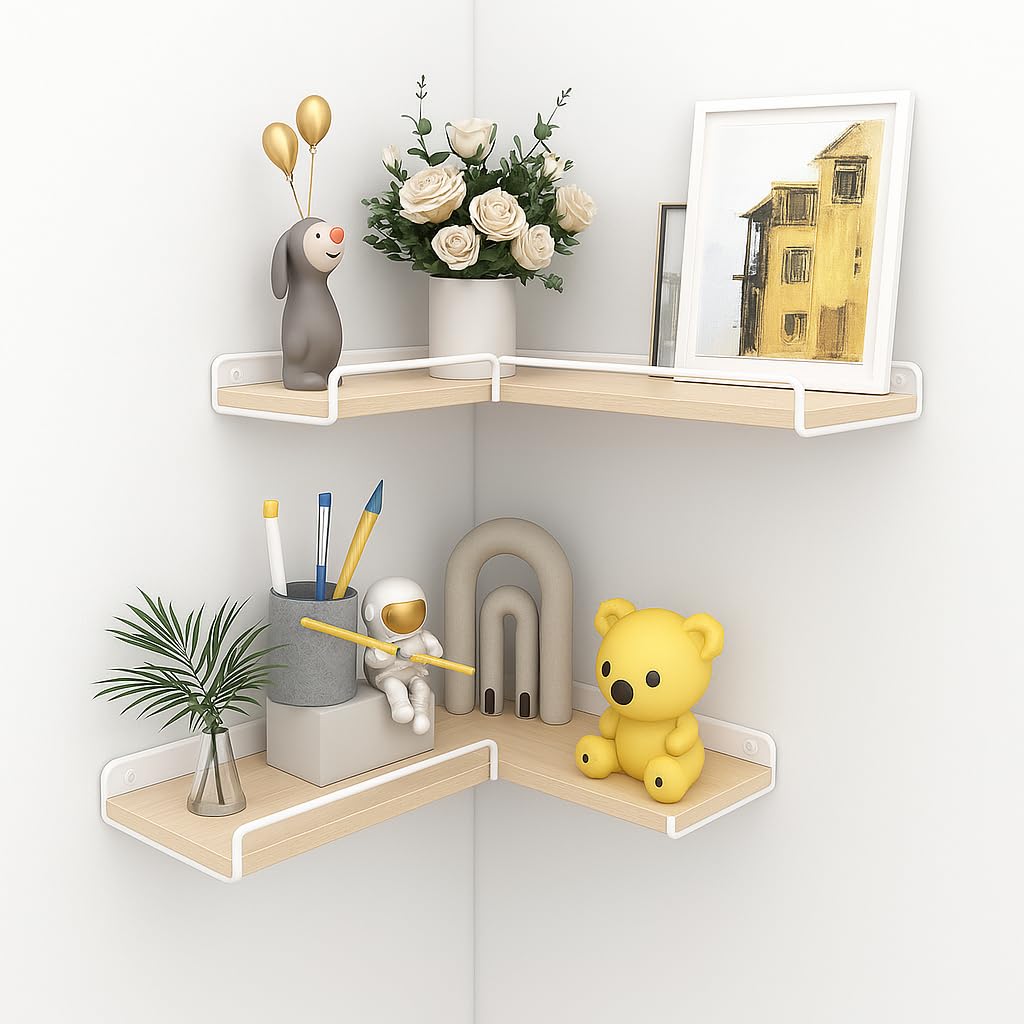 Set of 2 Corner Floating Shelves - Wooden Wall-Mounted Shelves (40x29x4cm) - Space-Saving Corner Shelf for Bathroom, Living Room & Bedroom - Includes Mounting Hardware (Wood)