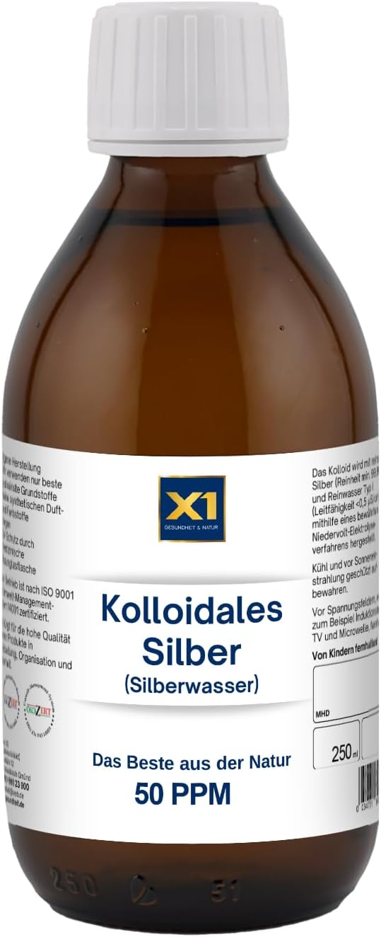 colloidal silver water 100% natural - in brown glass bottle with refillable 30 ml spray bottle - purest silver and purest water - daily production in Germany 50 ppm 250 ml