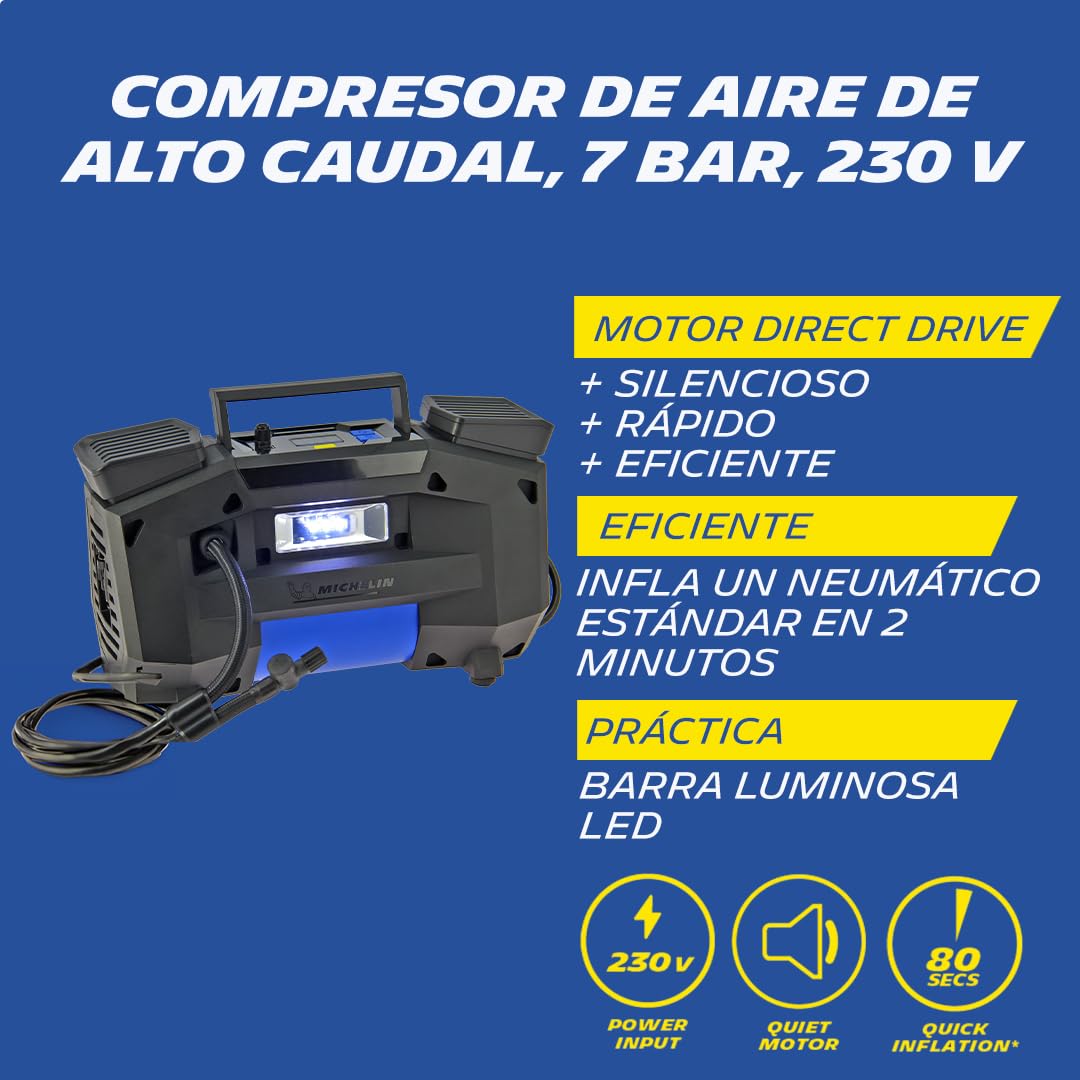 MICHELIN Compresor de aire 009538, 7 bares, 230 V, alto flujo, motor de accionamiento directo