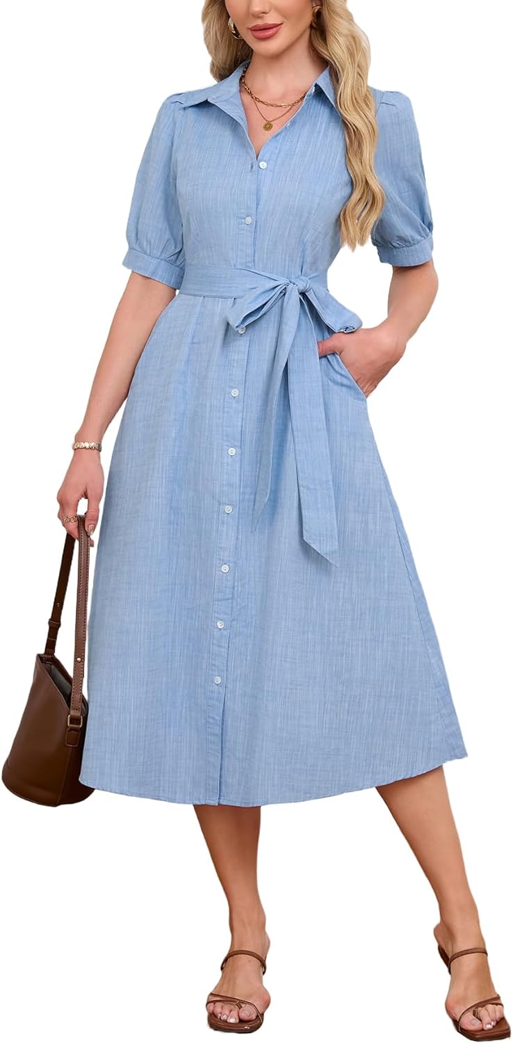 Womens Button Down Shirt Dress Puff Short Sleeve Elegant Midi Tunic Dresses with Belt