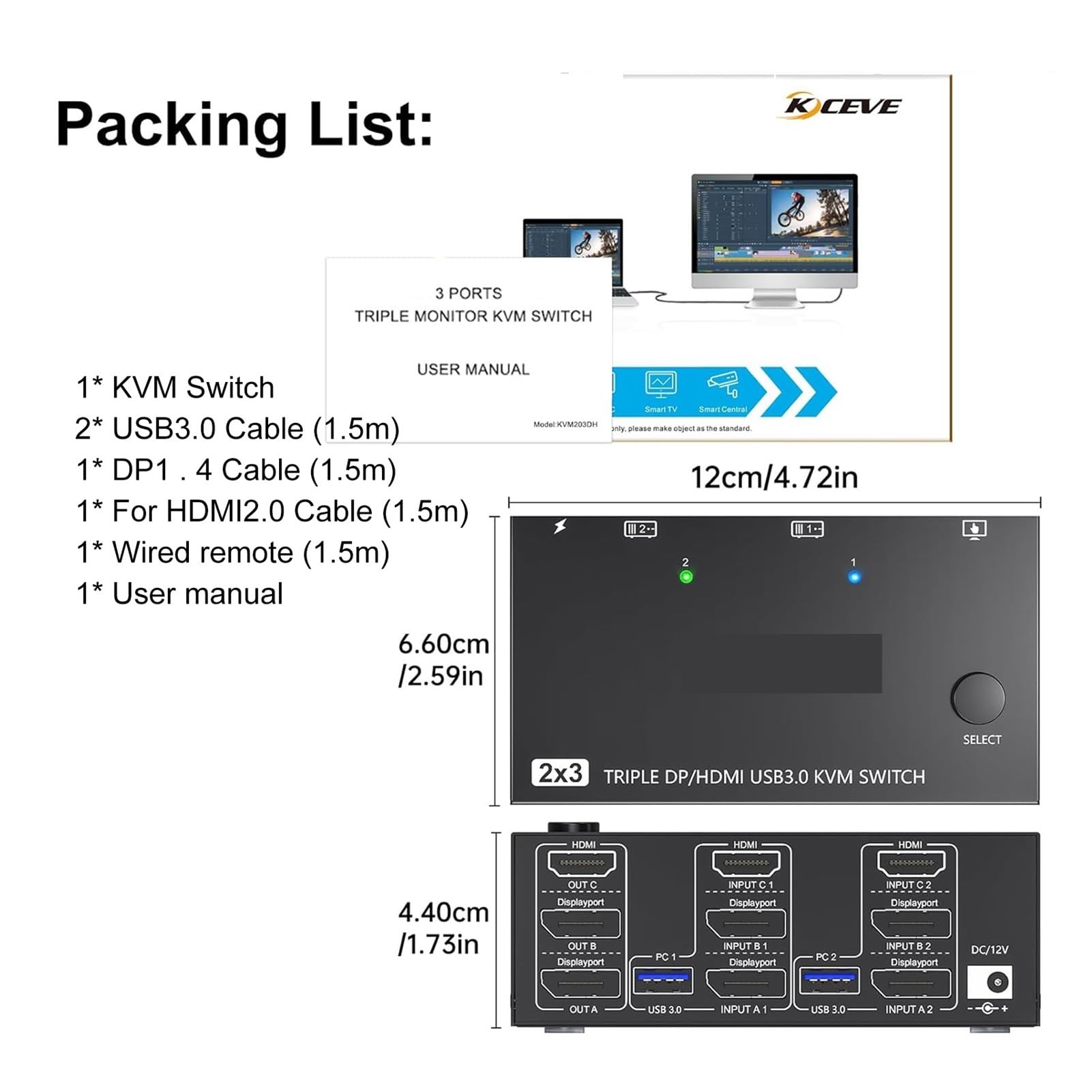 Przełącznik KVM USB 3.0 2 wejścia 3 wyjścia 3 monitory 2 komputery obsługa przełącznika 8K@30Hz 4K@144Hz USB 3.0 Displayport dla 2 komputerów Udostępnij