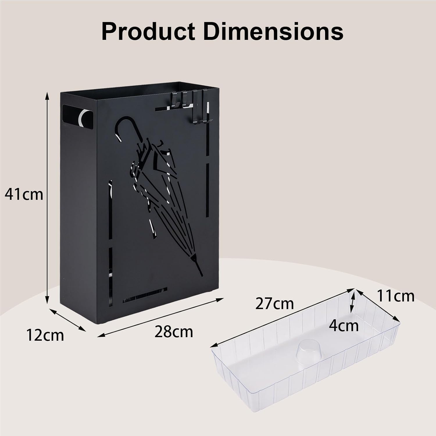 Metal Umbrella Stand, Freestanding Umbrella Stand with Removable Water Collection Tray & 4 Hooks, Rectangular Umbrella Holder for Hallway, Entryway & Office, Black