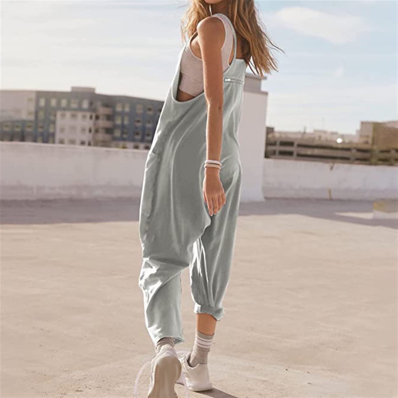 Damskie Ogrodniczki Letni Kombinezon Baggy Oversize Casual Luźne Spodnie Na Szelkach Kombinezony Kombinezon Bez Rękawów Z Dużymi Kieszeniami Spodnie Robocze