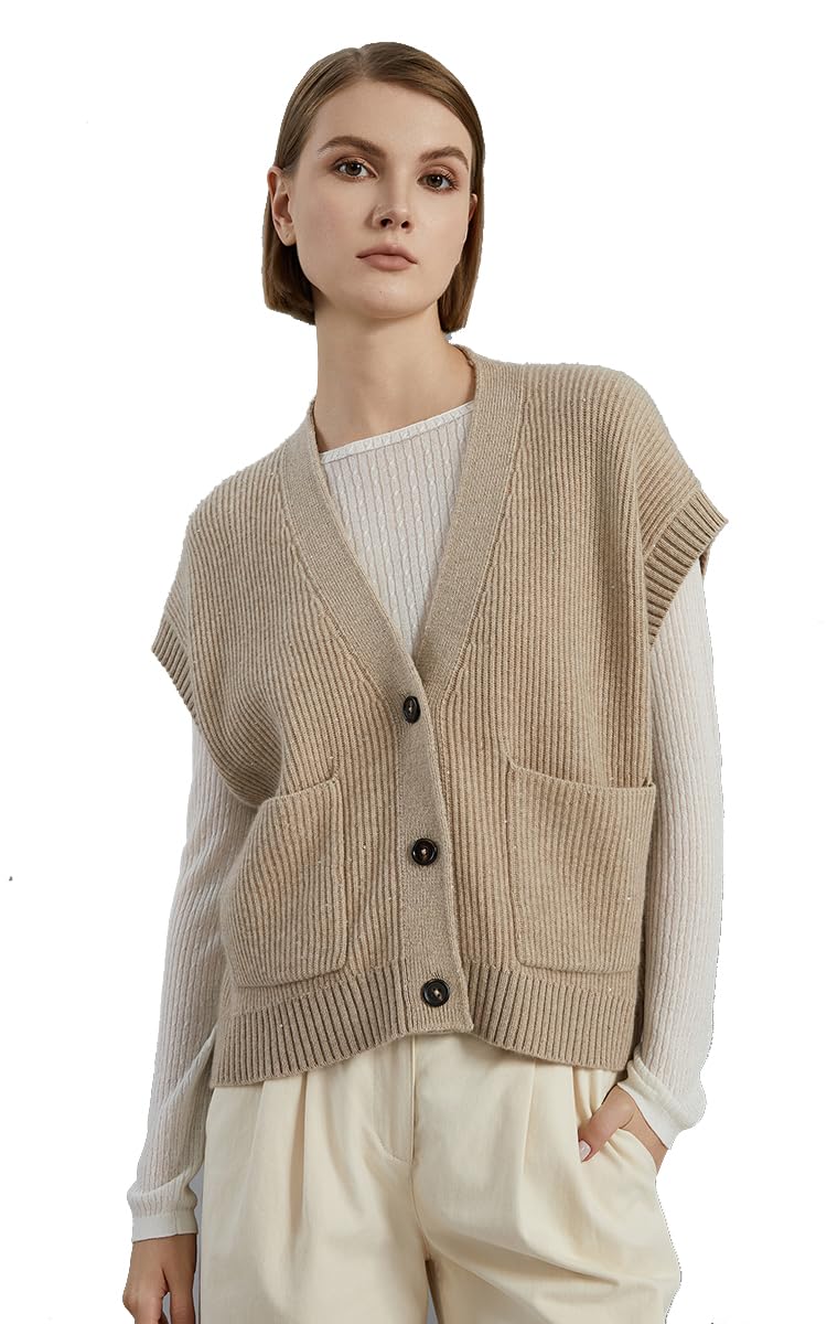 Premium 100 Cashmere Sweater Vest Textured Rib Knit V-Neck Sleeveless Cardigan BC774