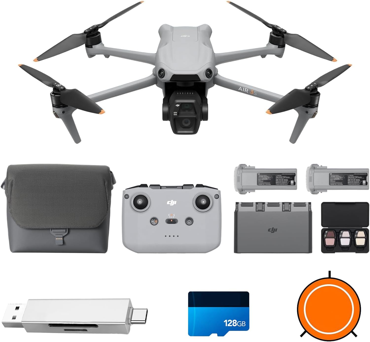 Air 3S Fly More Combo (RC-N3), Drone with 1" CMOS Wide-Angle & Medium Tele Camera, 4K/60fps HDR Video, Nightscape Omnidirectional Obstacle Sensing & 3 Batteries for Extended Flight Time