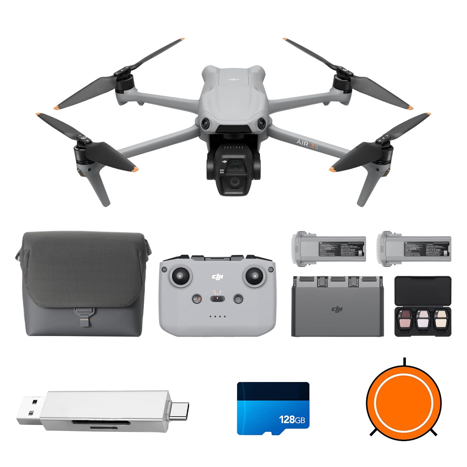 DJIAir 3S Fly More Combo (RC-N3), Drone with 1" CMOS Wide-Angle & Medium Tele Camera, 4K/60fps HDR Video, Nightscape Omnidirectional Obstacle Sensing & 3 Batteries for Extended Flight Time