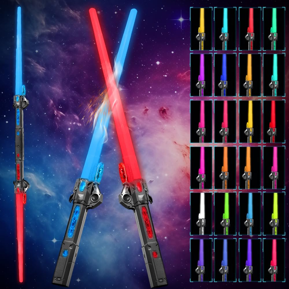 WDKXCN Light Sabers for Kids, 2 Pack 2-in-1 Retractable Lightsaber, Realistic Light Up Saber with Sound and 24 Colors Changing LED Light, Star Wars Lightsabers for Roleplay Dress Up Party, Black