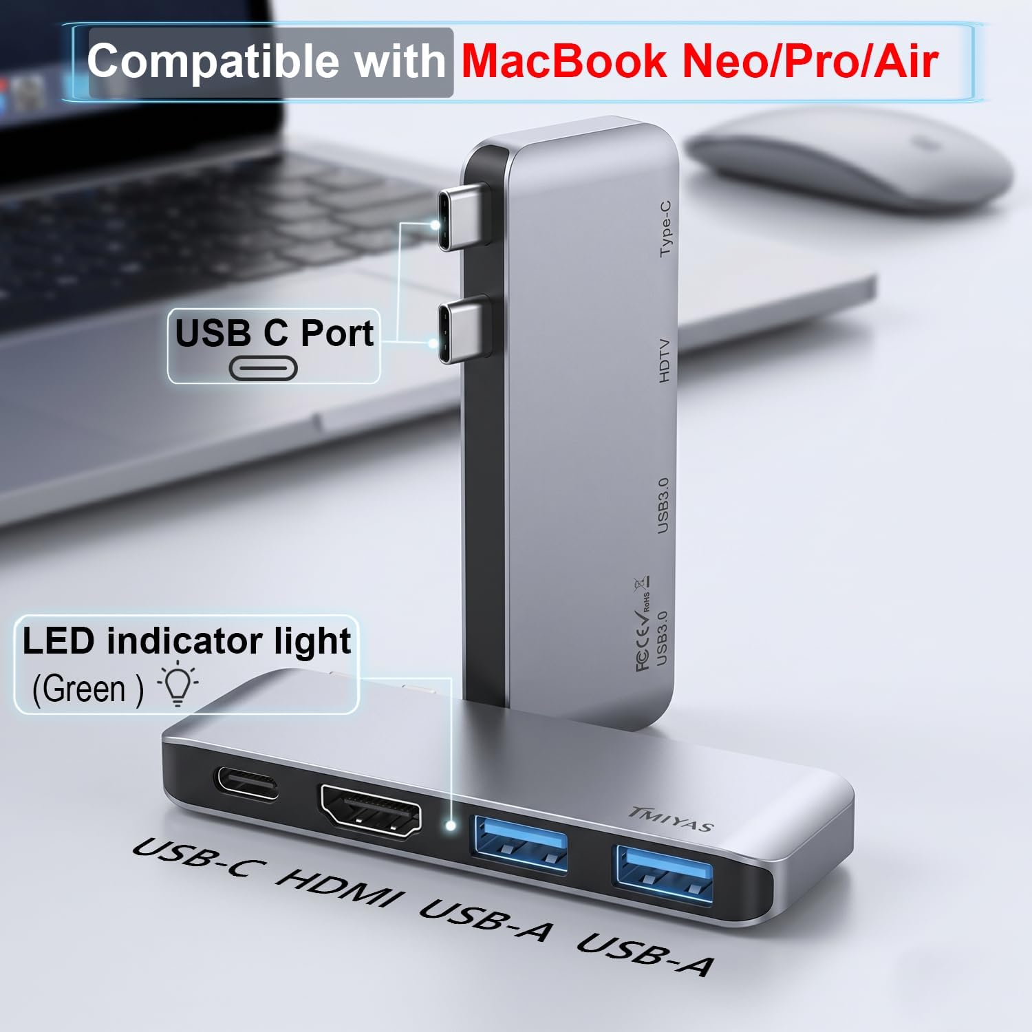 4-in-2 USB C Hub Adapter with 4K HDMI Compatible with MacBook Neo Pro Air | Sleek aluminum material, dual Type-C adapter, 4-port expansion, ideal for mobile office, business travel, daily entertainment