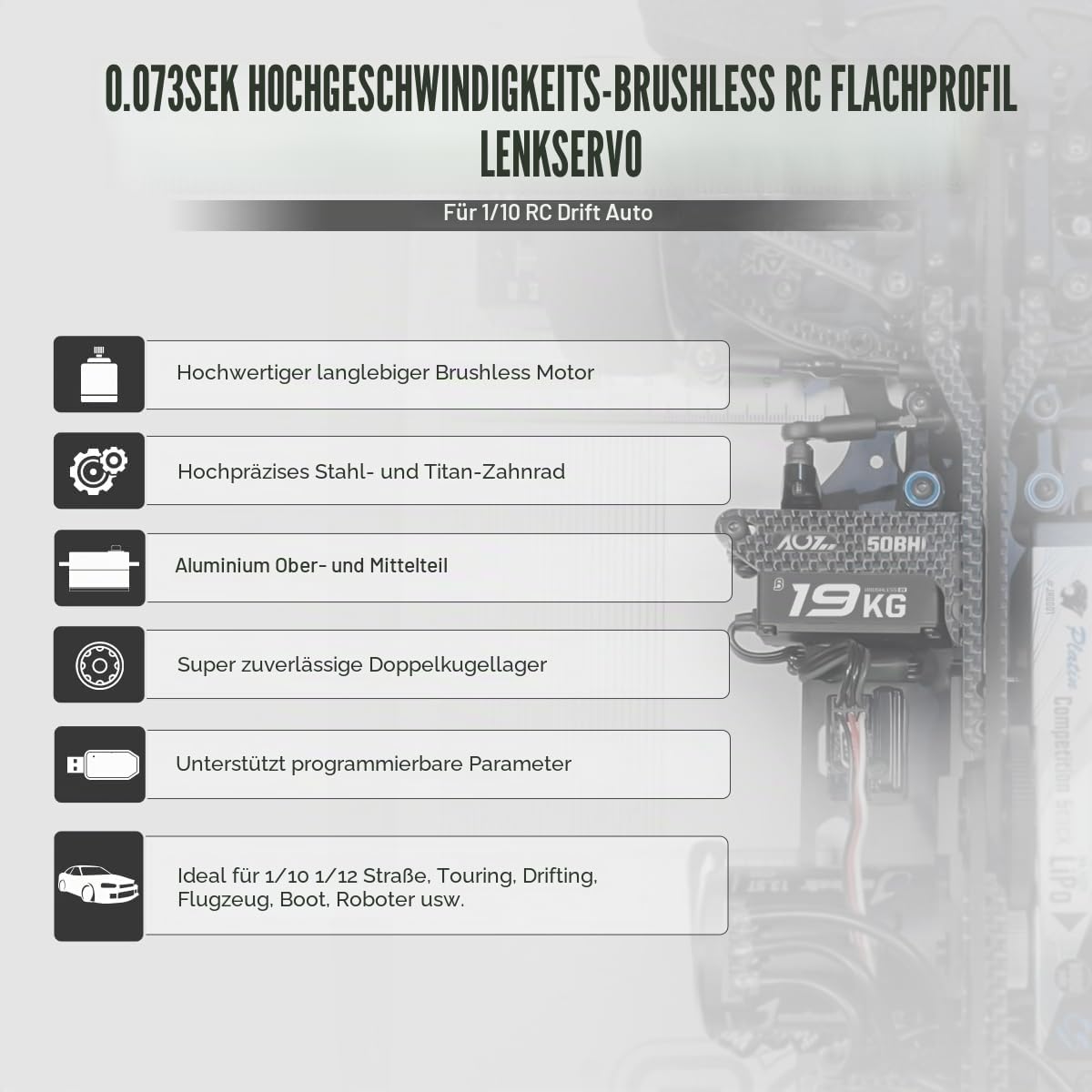 AGFRC 19 kg Low-Profile-programmierbarer RC-Lenk-Servo – 0,073 Sekunden Hochgeschwindigkeits-Vollmetallgetriebe, bürstenloser schwarzer Servo mit 25T Metall-Servohorn für 1/10 RC Drift-Auto