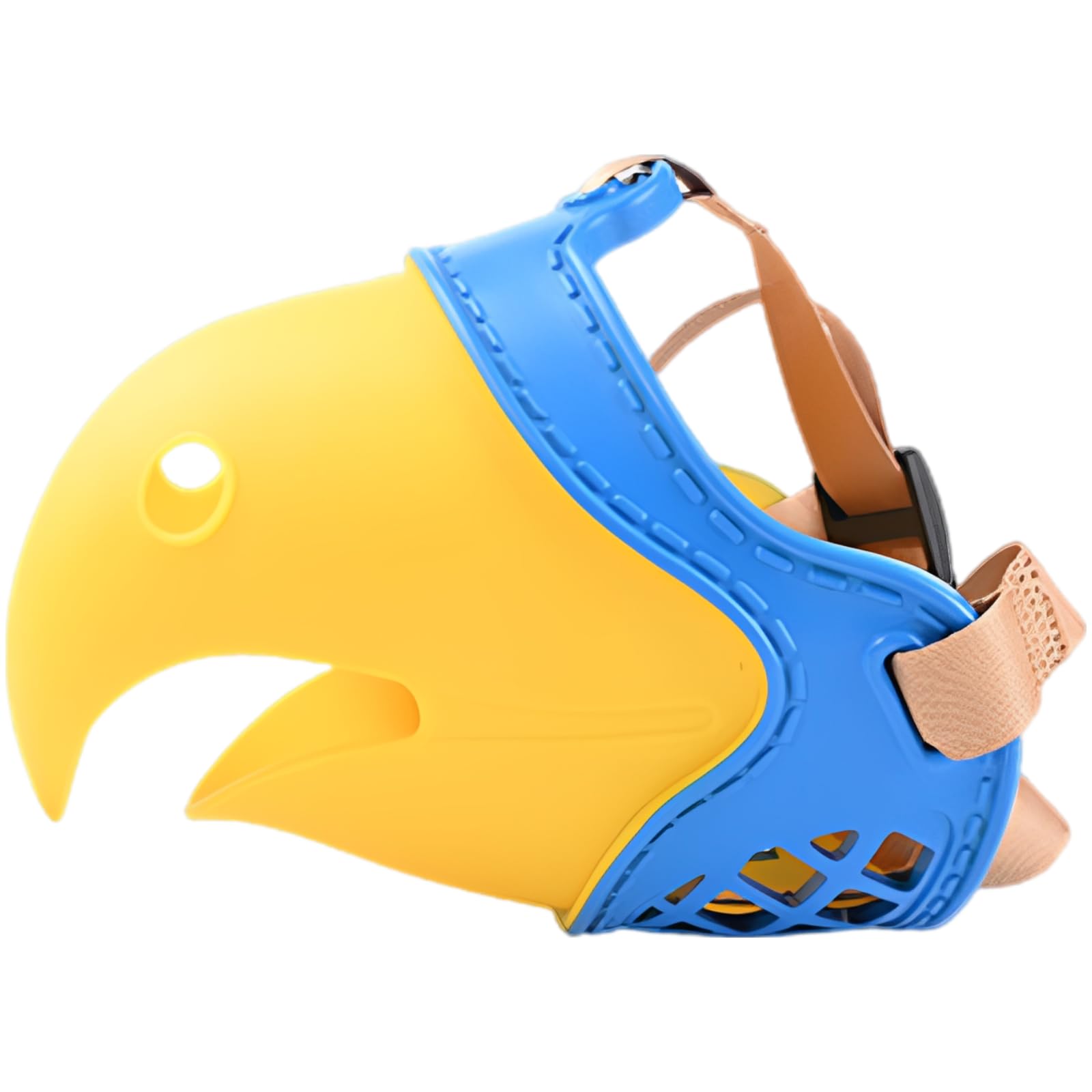 Muselière pour Chien en Forme de Perroquet, Bleu et Jaune, Taille 4, Dispositif en TPE, pour Limiter Les aboiements et Les mordillements, légère et aérée, pour Chiens de 5 à 7,5 kg