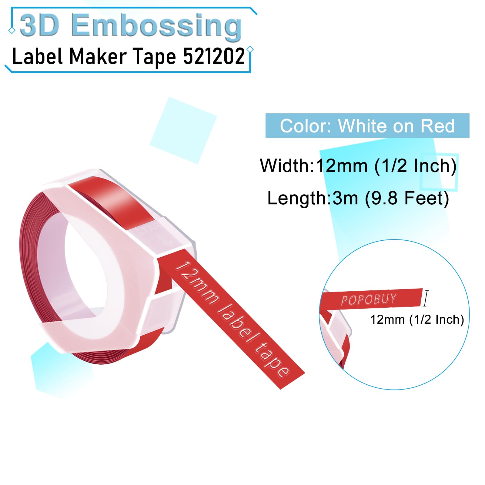 POPOBUY 8 Pack Embossing Label 1/2 Inch A521202 Compatible for DYMO 3D Plastic Emboss Tape 521202 White on Red, 12mm x 3m for Office Mate II 1540 154000, MoTEX E101 E404 Label Makers