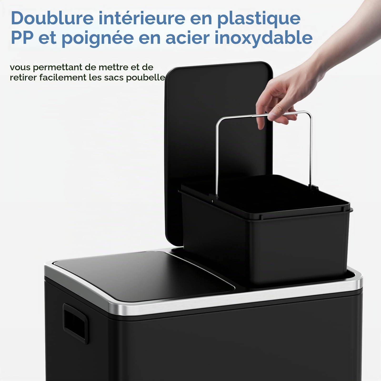 Clevich Poubelle de cuisine, 30 l, système de tri sélectif, 2 x 15 litres, sac poubelle de bureau, poubelle à pédale, déchets recyclables, déchets biologiques, couvercle Softclose, noire