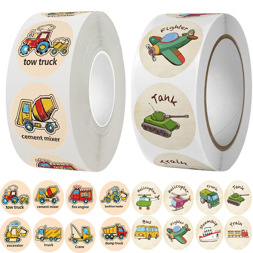 1000PCS Cartoon Transportation Sticker Car Bus Truck Airplane Construction Vehicle Sticker Kindergarten Rewards Stickers Roll Teaching Training Potty