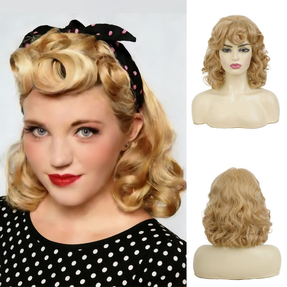 Blonde 80s Cosplay Wigs for Women Vintage Curly Mullet Wigs with Bangs 70s Retro Disco Layered Long Hair Wig for Party Halloween Costume Use