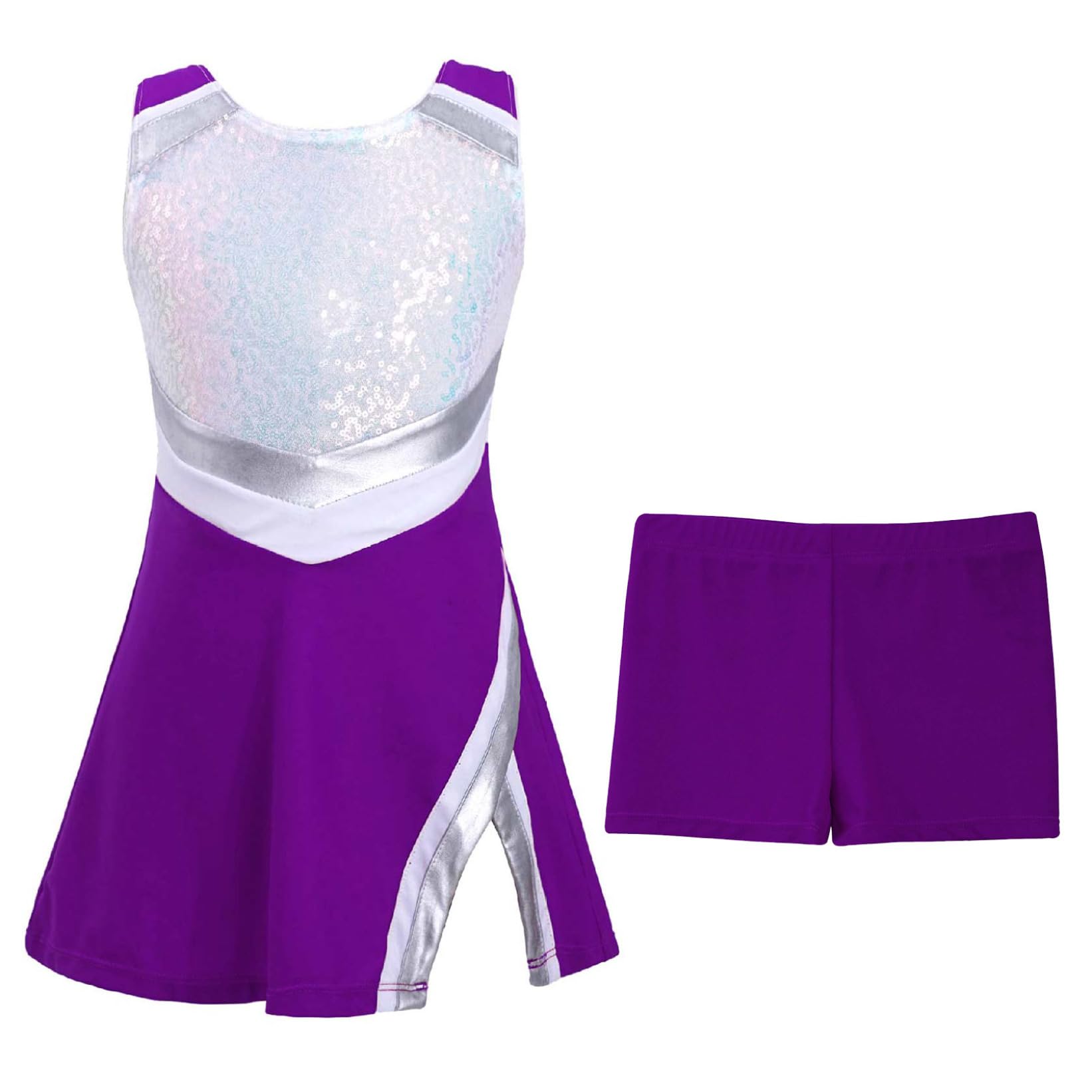 Aiihoo Kids Girls Cheerleading Outfits with Shorts Sleeveless Sequins Sports Tennis Golf Dress Cheer Uniform Purple 6 Years