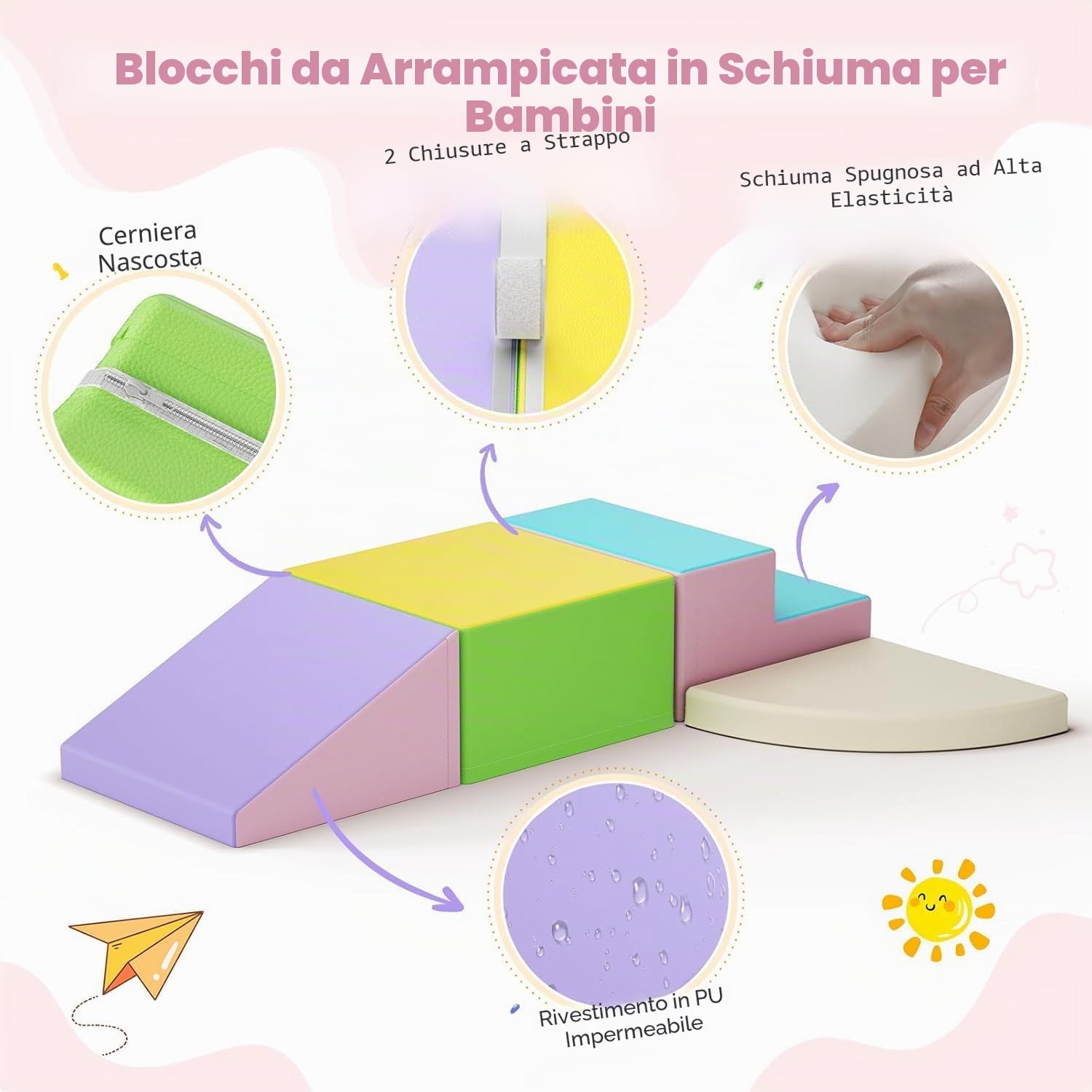 Blocchi da arrampicata bianchi per bambini, rivestimento in PU antigraffio, facile da pulire, chiusura con cerniera nascosta, schiuma ad alta elasticità