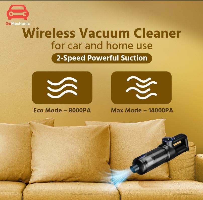 Image of GoMechanic Wireless Vacuum Cleaner for Home and Car | High-Power 14000 Pa Suction with BLDC Motor | USB-C Rechargeable |2 Suction Modes | Portable & Stylish Design with LED Light