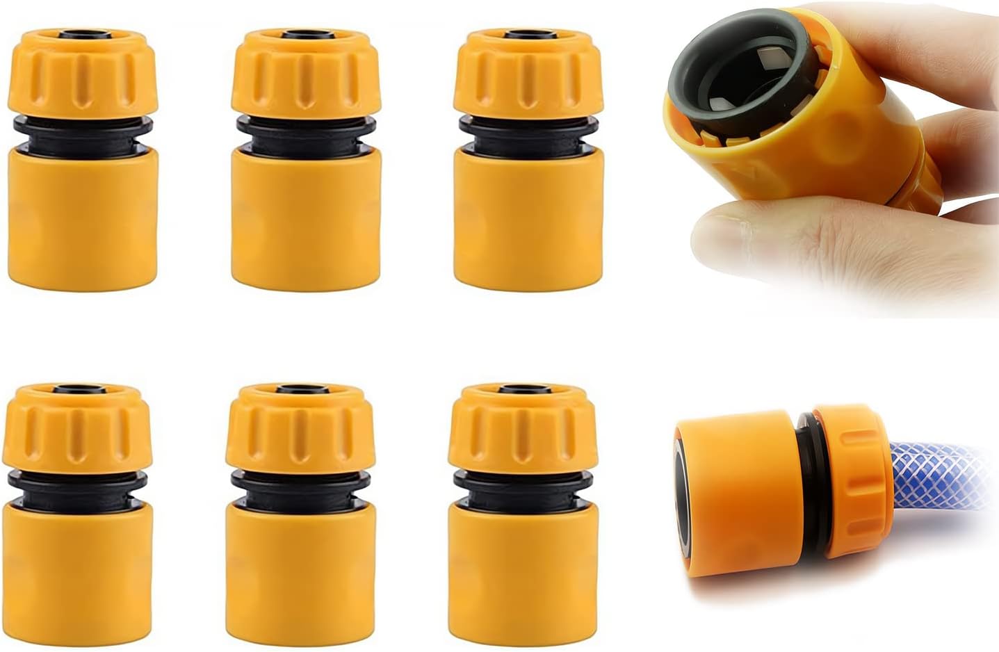 6 Pack Hose End Quick Connectors, Garden Hose Pipe Adapters, 1/2 Inch Tap Fitting, Durable Plastic Irrigation Connectors, Easy Install, Yellow