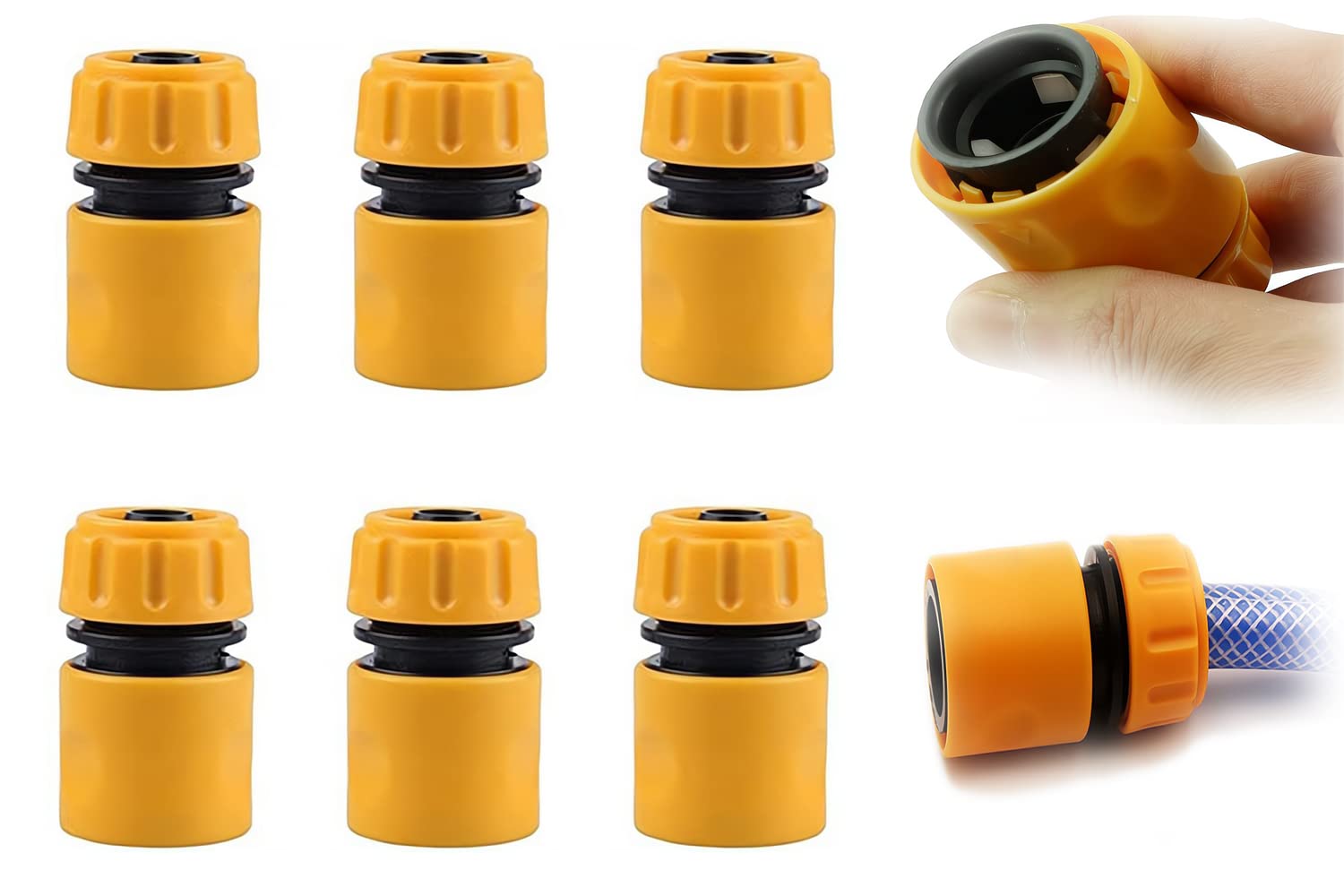 6 Pack Hose End Quick Connectors, Garden Hose Pipe Adapters, 1/2 Inch Tap Fitting, Durable Plastic Irrigation Connectors, Easy Install, Yellow