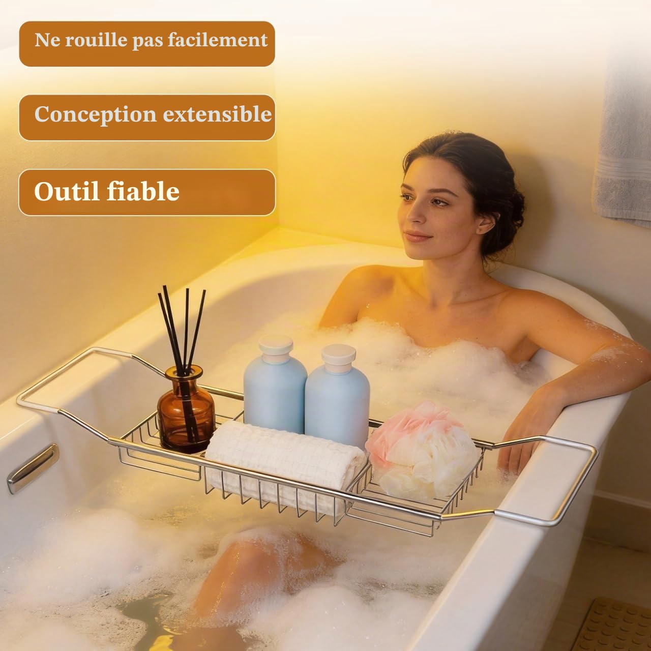 DOITOOL Étagère de Bain Extensible en Acier Inoxydable pour Ranger Livres, Boissons, téléphones et tablettes, Plateau de Baignoire réglable pour Accessoires de Salle de Bain, argenté