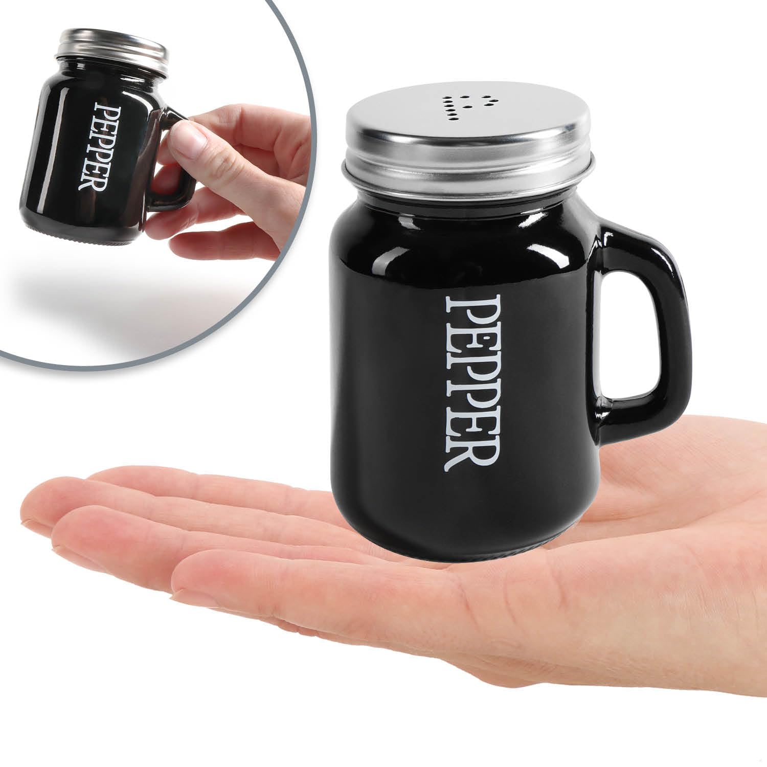 com-four® 48-teiliges Salz- und Pfefferstreuer-Set - Gewürzstreuer mit Schraubdeckel und Henkel - Gewürzglas in Bierkrug-Form mit Aufschrift - moderne Schüttler (48-teilig - Glas schwarz/weiß)